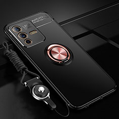 Coque Ultra Fine Silicone Souple Housse Etui avec Support Bague Anneau Aimante Magnetique SD3 pour Vivo V23 5G Or et Noir