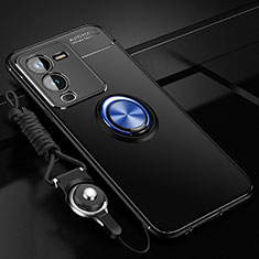 Coque Ultra Fine Silicone Souple Housse Etui avec Support Bague Anneau Aimante Magnetique SD3 pour Vivo V25 Pro 5G Bleu et Noir