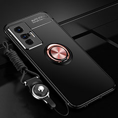 Coque Ultra Fine Silicone Souple Housse Etui avec Support Bague Anneau Aimante Magnetique SD3 pour Vivo X70 5G Or et Noir