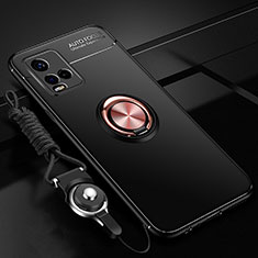 Coque Ultra Fine Silicone Souple Housse Etui avec Support Bague Anneau Aimante Magnetique SD3 pour Vivo Y21e Or et Noir