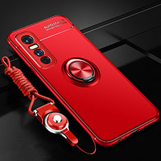 Coque Ultra Fine Silicone Souple Housse Etui avec Support Bague Anneau Aimante Magnetique SD3 pour Vivo Y73s 5G Rouge