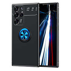 Coque Ultra Fine Silicone Souple Housse Etui avec Support Bague Anneau Aimante Magnetique T02 pour Samsung Galaxy S22 Ultra 5G Bleu et Noir