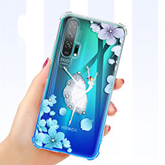 Coque Ultra Fine TPU Souple Housse Etui Transparente Fleurs K01 pour Huawei Honor 20 Pro Cyan