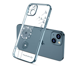 Coque Ultra Fine TPU Souple Housse Etui Transparente Fleurs pour Apple iPhone 14 Bleu
