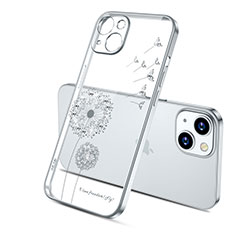 Coque Ultra Fine TPU Souple Housse Etui Transparente Fleurs pour Apple iPhone 15 Argent