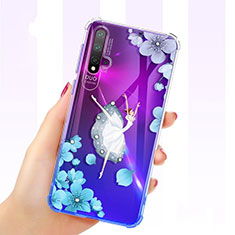 Coque Ultra Fine TPU Souple Housse Etui Transparente Fleurs pour Huawei Nova 5 Pro Bleu