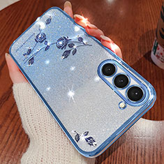 Coque Ultra Fine TPU Souple Housse Etui Transparente Fleurs pour Samsung Galaxy S23 5G Bleu