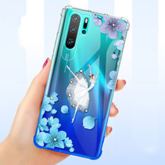Coque Ultra Fine TPU Souple Housse Etui Transparente Fleurs T01 pour Huawei P30 Pro Bleu
