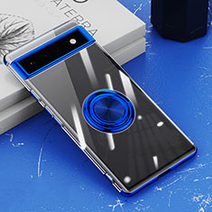 Coque Ultra Slim Silicone Souple Housse Etui Transparente avec Support Bague Anneau Aimante Magnetique AN1 pour Google Pixel 6a 5G Bleu