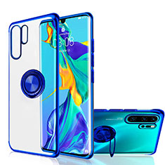 Coque Ultra Slim Silicone Souple Housse Etui Transparente avec Support Bague Anneau Aimante Magnetique C04 pour Huawei P30 Pro Bleu