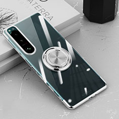 Coque Ultra Slim Silicone Souple Housse Etui Transparente avec Support Bague Anneau Aimante Magnetique pour Sony Xperia 5 III SO-53B Argent