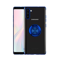 Coque Ultra Slim Silicone Souple Housse Etui Transparente avec Support Bague Anneau Aimante Magnetique S01 pour Samsung Galaxy Note 10 Bleu