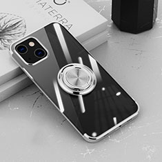 Coque Ultra Slim Silicone Souple Housse Etui Transparente avec Support Bague Anneau Aimante Magnetique Z02 pour Apple iPhone 15 Plus Argent