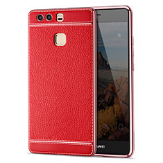 Etui Silicone Gel Motif Cuir pour Huawei P9 Rouge