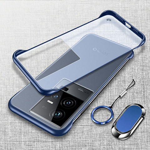 Coque Antichocs Rigide Sans Cadre Transparente Crystal Etui Housse avec Support Bague Anneau Aimante Magnetique pour Vivo iQOO 11 Pro 5G Bleu