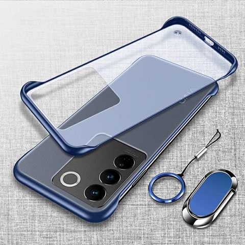 Coque Antichocs Rigide Sans Cadre Transparente Crystal Etui Housse avec Support Bague Anneau Aimante Magnetique pour Vivo V27 5G Bleu