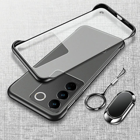 Coque Antichocs Rigide Sans Cadre Transparente Crystal Etui Housse avec Support Bague Anneau Aimante Magnetique pour Vivo V27 Pro 5G Noir