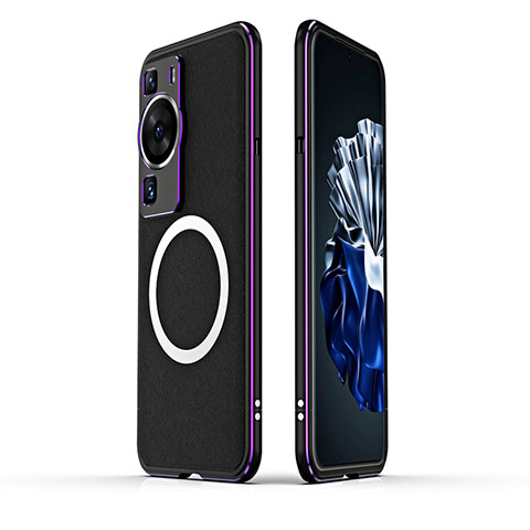 Coque Bumper Luxe Aluminum Metal Etui avec Mag-Safe Magnetic Magnetique JZ1 pour Huawei P60 Pro Violet et Noir