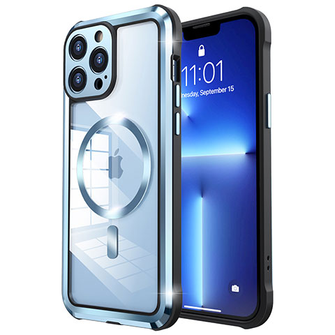 Coque Bumper Luxe Metal et Plastique Etui Housse avec Mag-Safe Magnetic Magnetique LF2 pour Apple iPhone 13 Pro Bleu