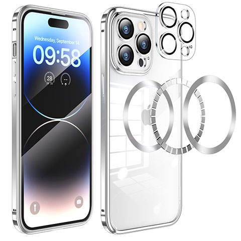 Coque Bumper Luxe Metal et Plastique Etui Housse avec Mag-Safe Magnetic Magnetique LF3 pour Apple iPhone 16 Pro Argent