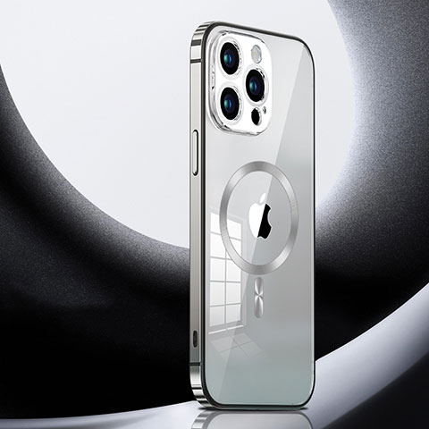 Coque Bumper Luxe Metal et Plastique Etui Housse avec Mag-Safe Magnetic Magnetique LK3 pour Apple iPhone 16 Pro Argent