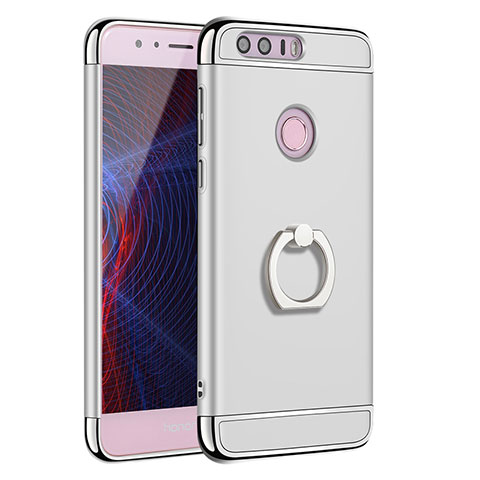 Coque Bumper Luxe Metal et Plastique Etui Housse avec Support Bague Anneau A01 pour Huawei Honor 8 Argent