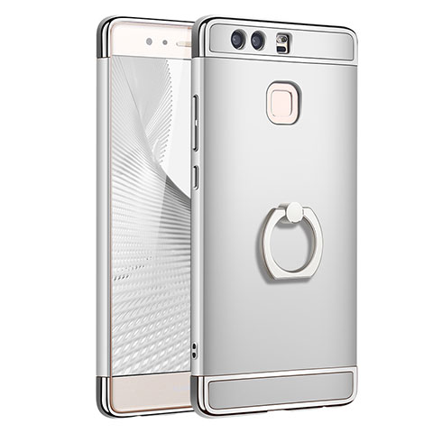 Coque Bumper Luxe Metal et Plastique Etui Housse avec Support Bague Anneau A01 pour Huawei P9 Plus Argent