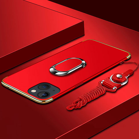 Coque Bumper Luxe Metal et Plastique Etui Housse avec Support Bague Anneau et Laniere pour Apple iPhone 13 Mini Rouge