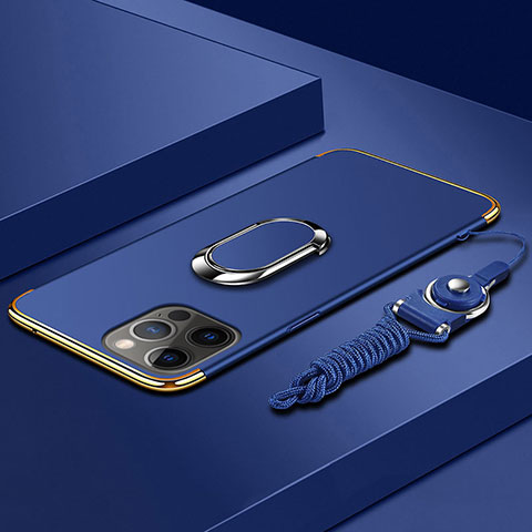 Coque Bumper Luxe Metal et Plastique Etui Housse avec Support Bague Anneau et Laniere pour Apple iPhone 14 Pro Max Bleu