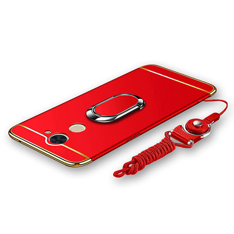 Coque Bumper Luxe Metal et Plastique Etui Housse avec Support Bague Anneau et Laniere pour Huawei Enjoy 7 Plus Rouge