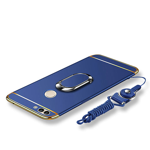 Coque Bumper Luxe Metal et Plastique Etui Housse avec Support Bague Anneau et Laniere pour Huawei Enjoy 7S Bleu