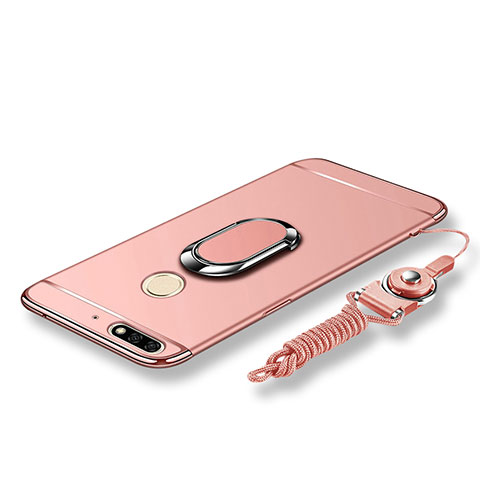 Coque Bumper Luxe Metal et Plastique Etui Housse avec Support Bague Anneau et Laniere pour Huawei Enjoy 8 Or Rose