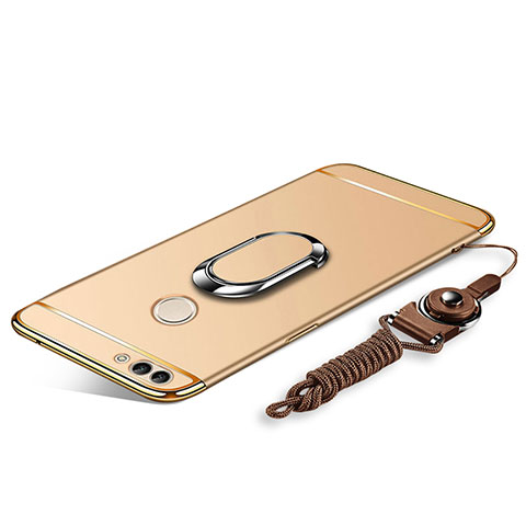 Coque Bumper Luxe Metal et Plastique Etui Housse avec Support Bague Anneau et Laniere pour Huawei Enjoy 8 Plus Or