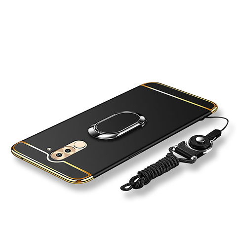 Coque Bumper Luxe Metal et Plastique Etui Housse avec Support Bague Anneau et Laniere pour Huawei GR5 (2017) Noir