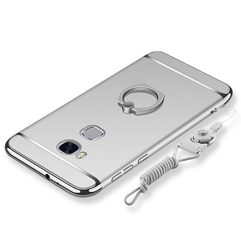 Coque Bumper Luxe Metal et Plastique Etui Housse avec Support Bague Anneau et Laniere pour Huawei GR5 Argent