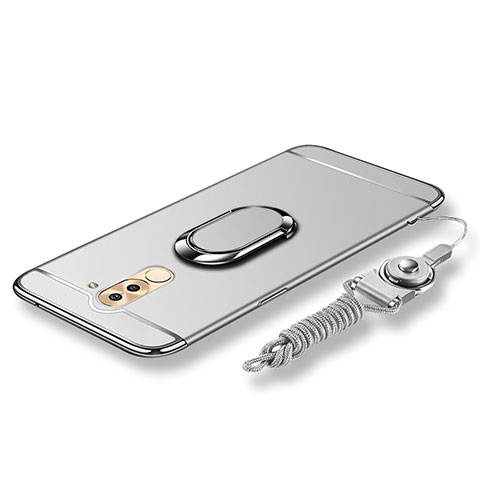 Coque Bumper Luxe Metal et Plastique Etui Housse avec Support Bague Anneau et Laniere pour Huawei Honor 6X Argent