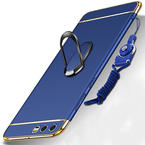 Coque Bumper Luxe Metal et Plastique Etui Housse avec Support Bague Anneau et Laniere pour Huawei Honor 9 Bleu