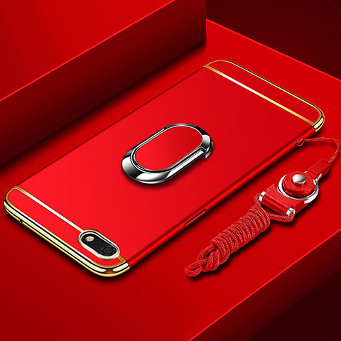 Coque Bumper Luxe Metal et Plastique Etui Housse avec Support Bague Anneau et Laniere pour Huawei Honor Play 7 Rouge