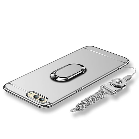 Coque Bumper Luxe Metal et Plastique Etui Housse avec Support Bague Anneau et Laniere pour Huawei Honor V10 Argent