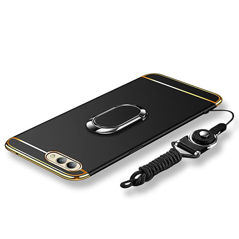 Coque Bumper Luxe Metal et Plastique Etui Housse avec Support Bague Anneau et Laniere pour Huawei Honor V10 Noir