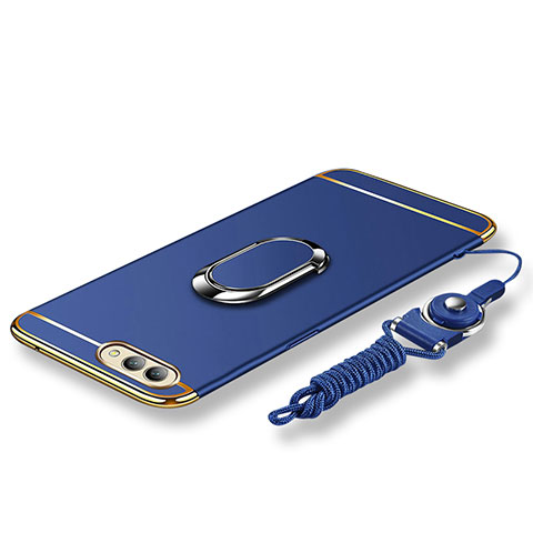 Coque Bumper Luxe Metal et Plastique Etui Housse avec Support Bague Anneau et Laniere pour Huawei Honor View 10 Bleu