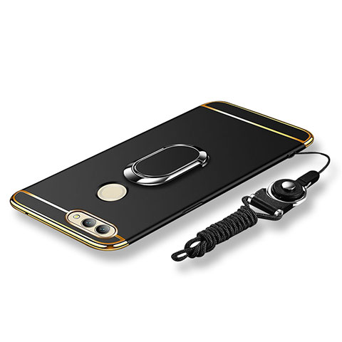 Coque Bumper Luxe Metal et Plastique Etui Housse avec Support Bague Anneau et Laniere pour Huawei Nova 2 Noir