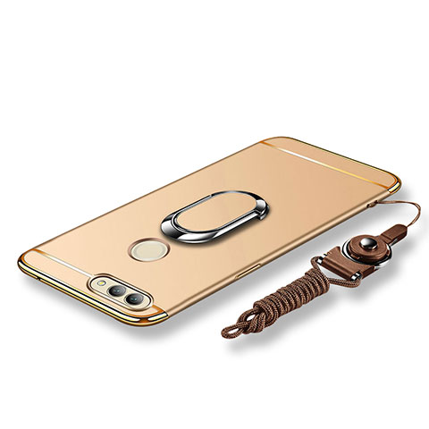 Coque Bumper Luxe Metal et Plastique Etui Housse avec Support Bague Anneau et Laniere pour Huawei Nova 2 Plus Or