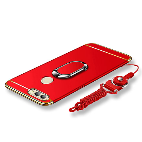 Coque Bumper Luxe Metal et Plastique Etui Housse avec Support Bague Anneau et Laniere pour Huawei Nova 2 Plus Rouge