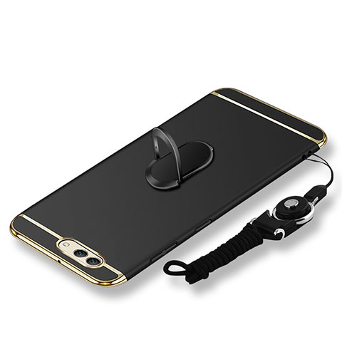 Coque Bumper Luxe Metal et Plastique Etui Housse avec Support Bague Anneau et Laniere pour Huawei Nova 2S Noir