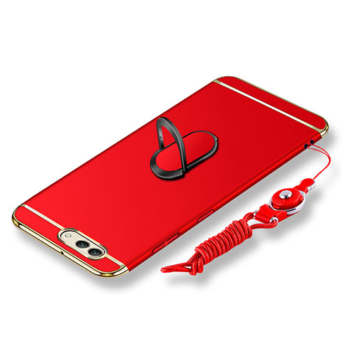 Coque Bumper Luxe Metal et Plastique Etui Housse avec Support Bague Anneau et Laniere pour Huawei Nova 2S Rouge