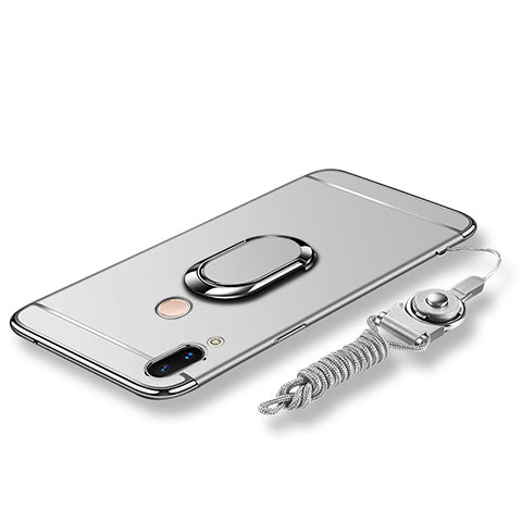 Coque Bumper Luxe Metal et Plastique Etui Housse avec Support Bague Anneau et Laniere pour Huawei Nova 3e Argent