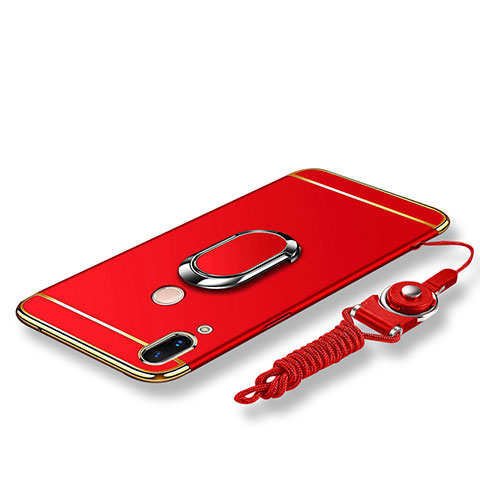 Coque Bumper Luxe Metal et Plastique Etui Housse avec Support Bague Anneau et Laniere pour Huawei Nova 3e Rouge