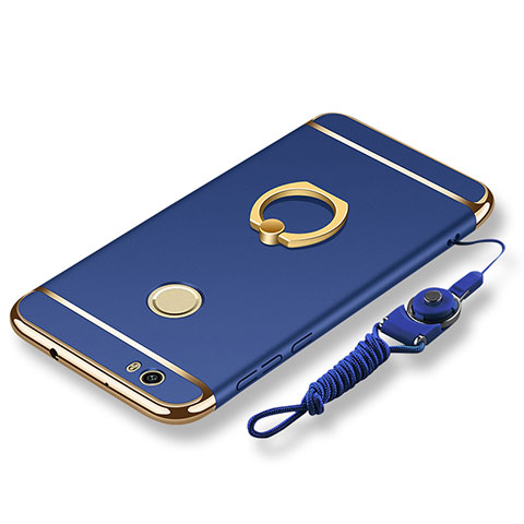 Coque Bumper Luxe Metal et Plastique Etui Housse avec Support Bague Anneau et Laniere pour Huawei Nova Bleu