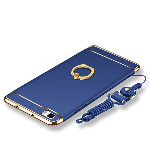 Coque Bumper Luxe Metal et Plastique Etui Housse avec Support Bague Anneau et Laniere pour Huawei P8 Lite Bleu